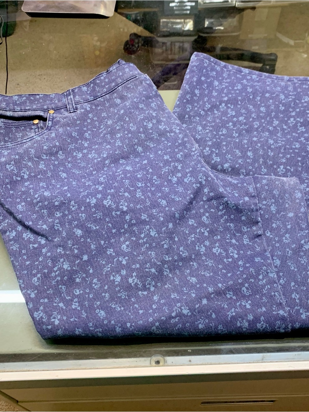 Woman Within Floral Denim Jeans Plus 28W Petite Blue Allover Pattern High Rise
